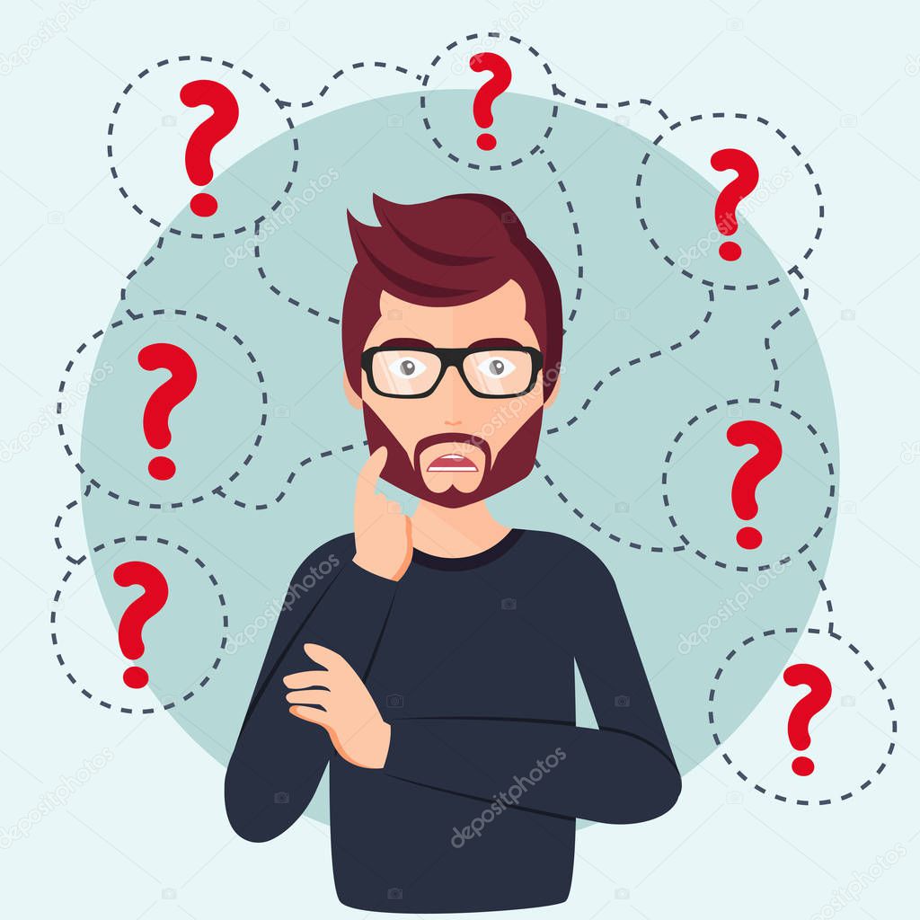 Young man thinking standing under question marks. Man surrounded by question marks concept. Flat vector illustration. Man character