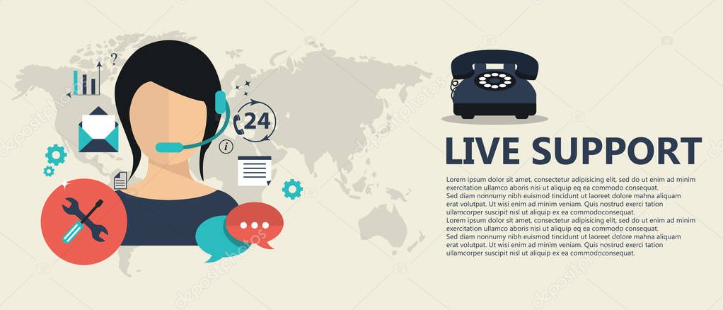 Live support banner. Business customer care service concept. Icons set of contact us, support, help, phone call and website click. Flat vector illustration.