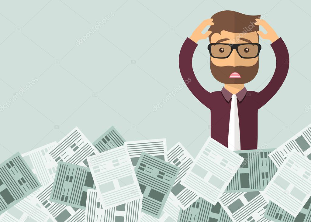 Businessman with pile of paper, business concept. Worried businessman. Deadline concept. Flat vector illustration.