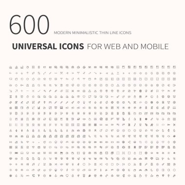 600 basit anahat düz simgeler. Web sitesi ve mobil cihazlar için evrensel simgeler kümesi. Düz vektör çizimi
