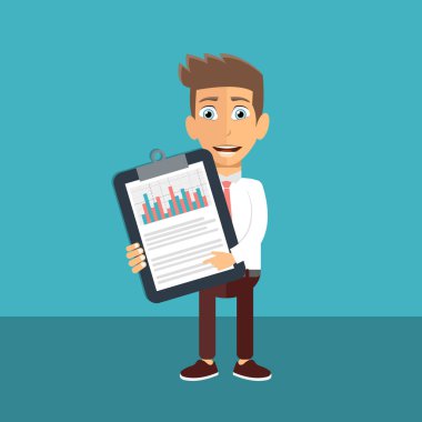 Finansal istatistikleri analiz eden iş adamı. Düz vektör çizimi