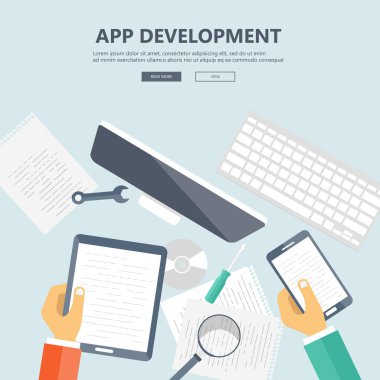 Düz vektör tasarım illüstrasyon kavramı uygulama geliştirme için. Başarılı iş kurma kavram. Düz vektör çizim