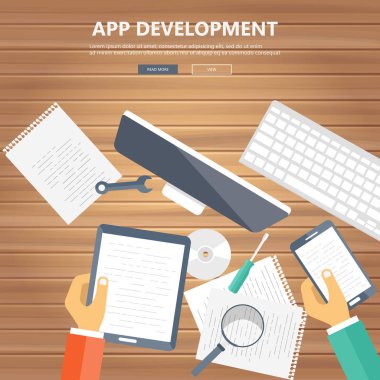 Düz vektör tasarım illüstrasyon kavramı uygulama geliştirme için. Başarılı iş kurma kavram. Düz vektör çizim