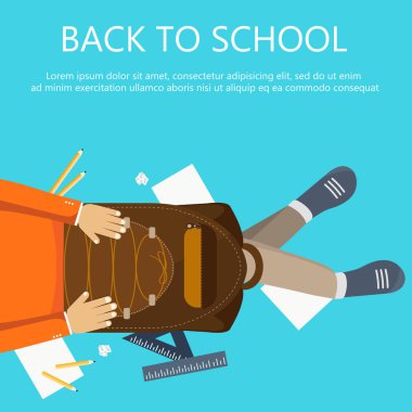 Geri okul afiş. Sırt çantasında kucağına ile katta oturan çocuk. Düz vektör çizim