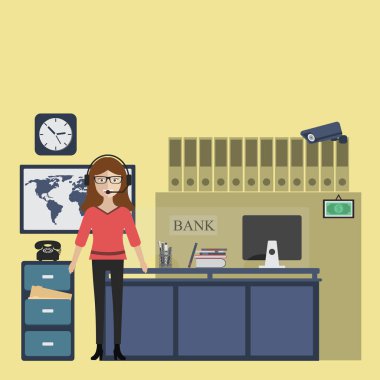 Banka kadın işveren banka iç ayakta. Düz vektör. 