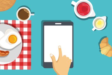 Kahvaltı sahte şablon u ayarlayın. Kahve ve tereyağı rulo ile kızarmış yumurta ve pastırma kahvaltı. Vektör illüstrasyon. Tabakta yemek yemek en iyi manzaradır. Servis edilen kahvaltı.