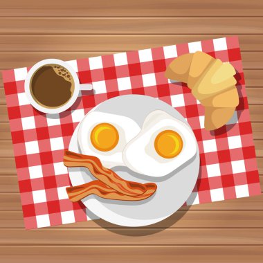 Kahve ve tereyağı rulo ile kızarmış yumurta ve pastırma kahvaltı. Vektör illüstrasyon. Tabakta yemek yemek en iyi manzaradır. Servis edilen kahvaltı.