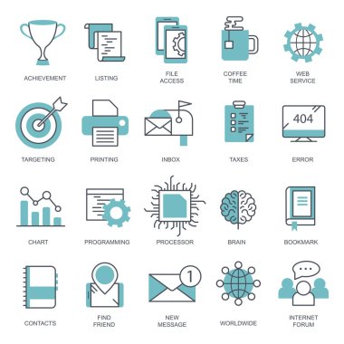 İş ve pazarlama, programlama, veri yönetimi, internet bağlantısı, sosyal ağ, bilgisayar, bilgi. İnce çizgi mavi simgeler ayarlandı. Düz vektör illüstrasyonu