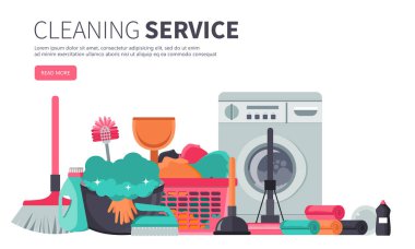 Ekipman Temizleme Hizmeti konsepti. Çeşitli aletlerle ev temizleme servisleri için poster şablonu. Düz vektör illüstrasyonu