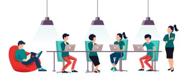 İnsanlar açık alan ofisindeki bilgisayarlarda konuşuyor ve çalışıyor. Ortak çalışma merkezi. Çok kültürlü bir ekip. İş toplantısı ve paylaşılan çalışma ortamı. Düz vektör çizimi