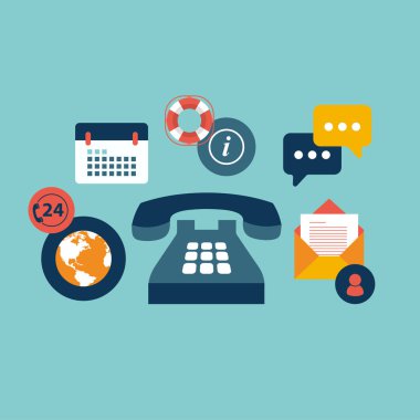 İş müşteri bakım hizmeti kavramı. Simgeler temas bize tuzak, destek, yardım, telefon ve Web sitesi'ı tıklatın. Düz vektör çizim