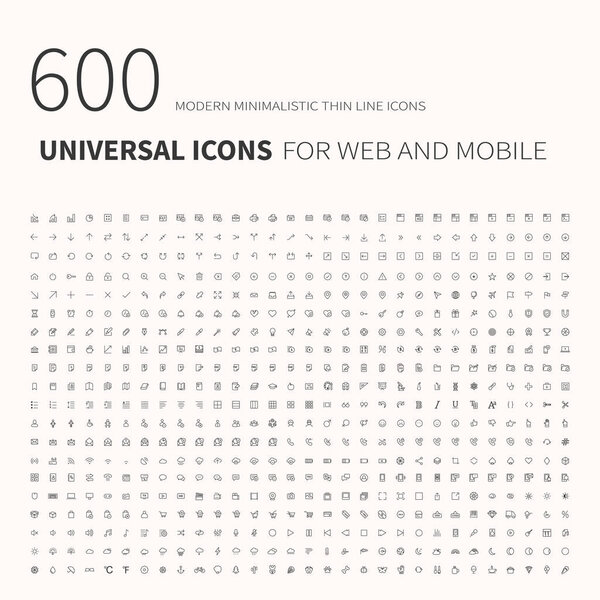 600 простых контуров плоские иконки. Набор универсальных иконок для вебсайта и мобильного телефона. Плоская векторная иллюстрация
