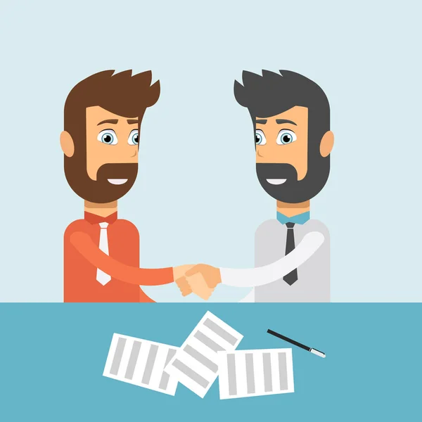 ビジネスマンが握手をする 取引を行うビジネスパートナー ハンドシェイクとチームワークのコンセプト フラットベクトルイラストレーション — ストックベクタ