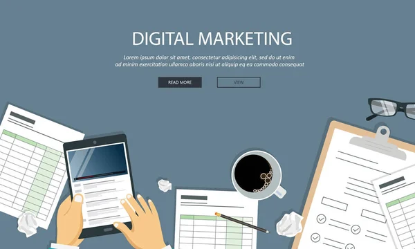 Conceito Marketing Digital Escritório Com Equipamento Ilustração Vetorial Plana —  Vetores de Stock