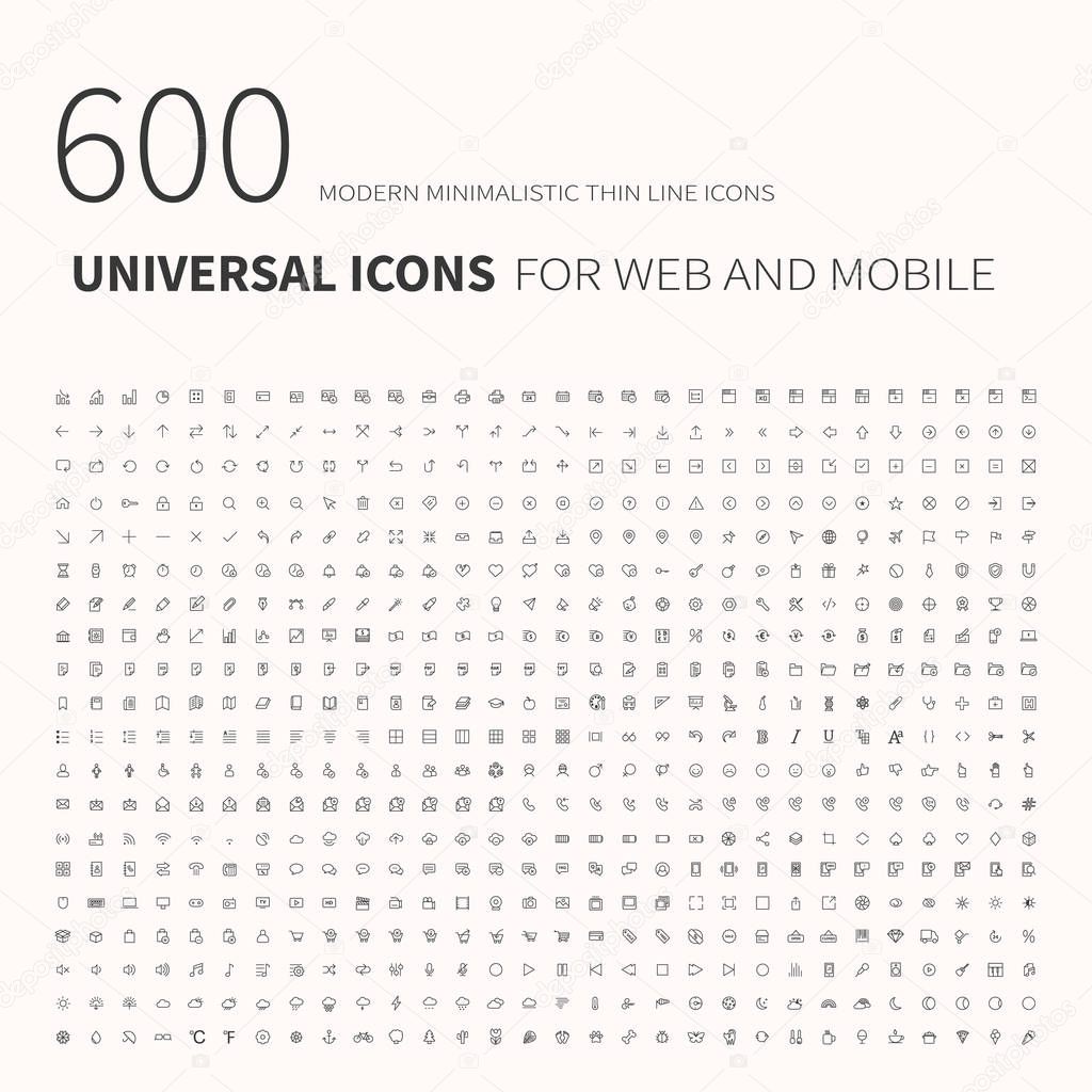 600 simple outline flat icons. Set of universal icons for website and mobile. Flat vector illustration