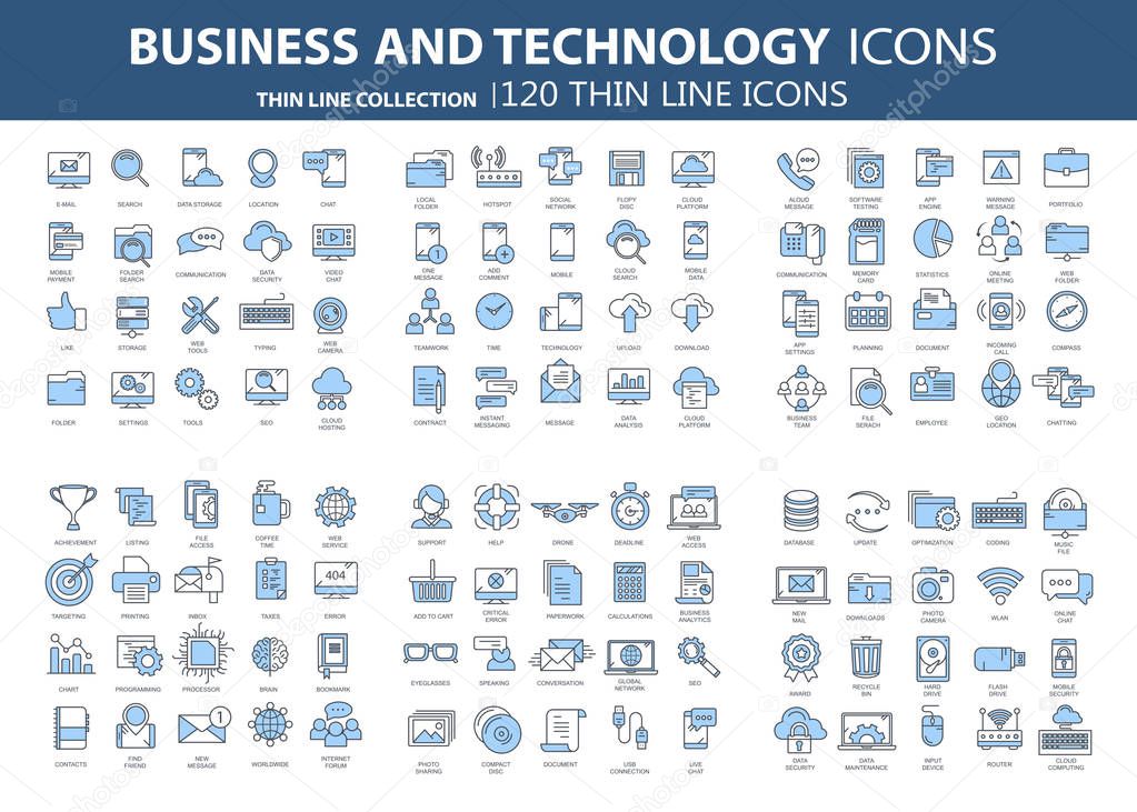 Business and marketing, programming, data management, internet connection, social network, computing, information. Thin line blue icons set. Flat vector illustration