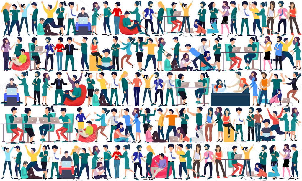 Large group of business people background. Business people in different positions, teamwork concept. Working people. Flat vector illustration