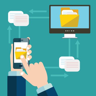 Dosya aktarımı. Ekranda klasör ve bilgisayara aktarılan belgeler ile el tutma akıllı telefon. Dosyaları kopyalayın, değiş tokuş, dosya paylaşımı kavramı. Düz vektör