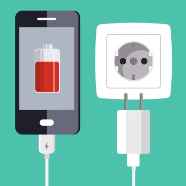 Akıllı telefon ve şarj adaptörü. Düşük pil, bağımlılık. Telefon duvar çıkışından şarj oluyor. Düz vektör çizimi