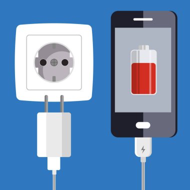 Akıllı telefon ve şarj adaptörü. Düşük pil, bağımlılık. Telefon duvar çıkışından şarj oluyor. Düz vektör çizimi