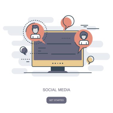 Sosyal ağ ve sohbet simgesi. Küresel iletişim, e-posta, web aramaları. Konuşma baloncuklarıyla tur üstü. Düz vektör çizimi