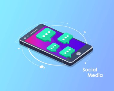 Sosyal ağ ve sohbet vektörü. Küresel iletişim, e-posta, web aramaları. Konuşma baloncukları olan akıllı telefon. Düz vektör çizimi