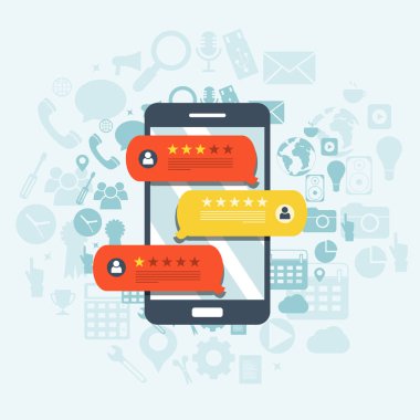 Geri bildirim kavramı, ifadeler, mesajlar ve bildirimler. Cep telefonundaki konuşma baloncukları, değerlendirme dereceli, düz stil akıllı telefon yıldızları iyi ve kötü oranda ve mesajla yorumluyor. Düz vektör.