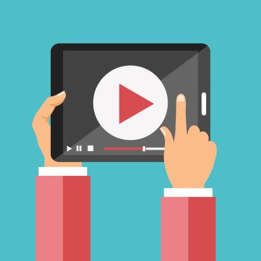 Tablet simgesi videoda. Mobil uygulamalar ve medya pazarlama kavramı. Satır eğitim ve web öğreticiler için kavram. Düz vektör çizim