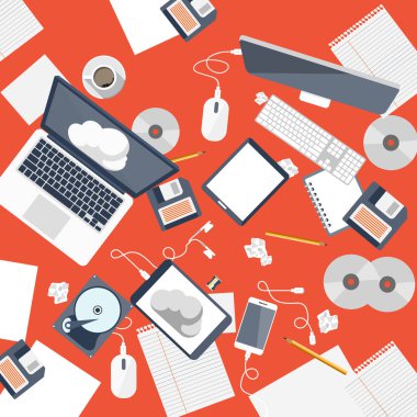 Dizüstü bilgisayar ve ofis donanımları düz vektör ile modern ofis çalışma masası.