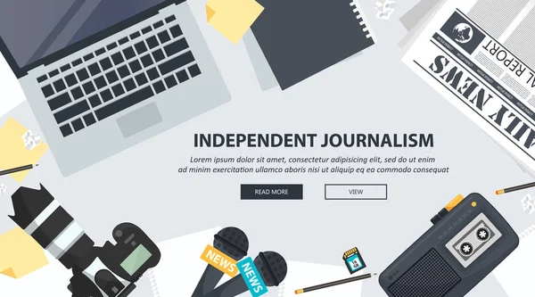 Banner Plano Jornalismo Independente Equipamento Para Jornalista Mesa Ilustração Vetorial —  Vetores de Stock