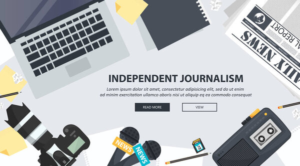 Independent journalism flat banner. Equipment for journalist on desk. Flat vector illustration