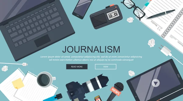 Bannière Plate Journalisme Indépendant Equipement Pour Journaliste Sur Bureau Illustration — Image vectorielle