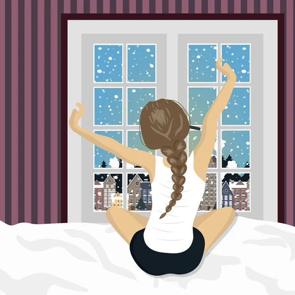 Woman Stretching Bed Wake Concept Holidays Vacations Winter Mountain Scenery — Stock Vector