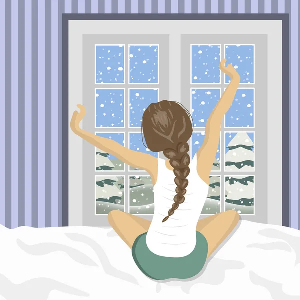 女性をスリープ解除後ベッドでストレッチします 休日と休暇のための概念 冬の山景色 フラットのベクトル図 — ストックベクタ