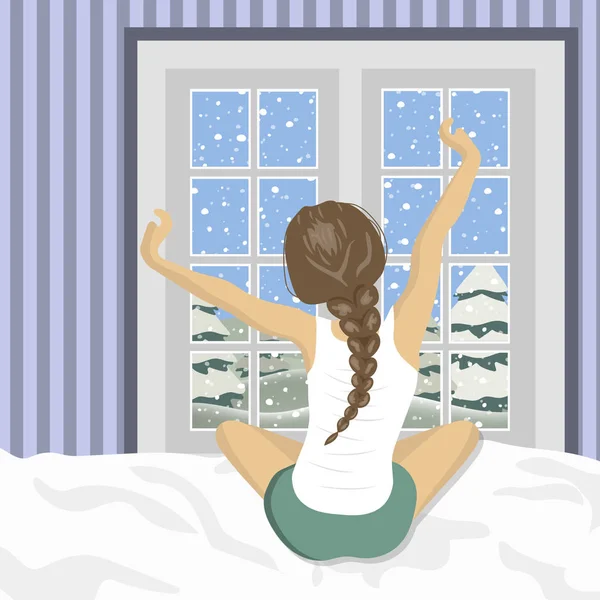 Mujer Estirándose Cama Después Despertar Concepto Para Vacaciones Vacaciones Paisaje — Vector de stock