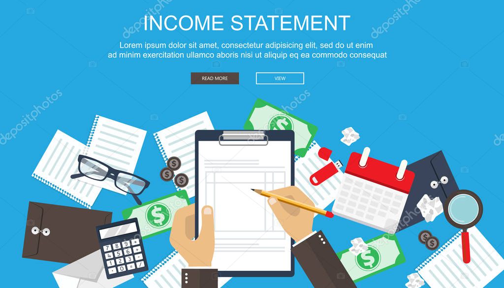 Invoice. Financial calculations. Working process. Businessman hands, calculator, financial reports, money, coins, pen. Top view. Vector illustration in flat design on green background