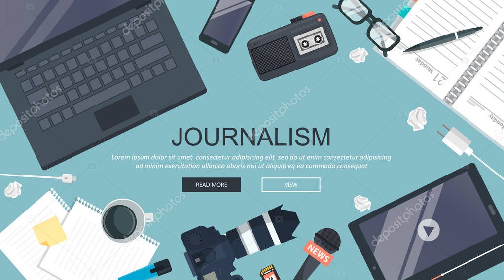 Independent journalism flat banner. Equipment for journalist on desk. Flat vector illustration