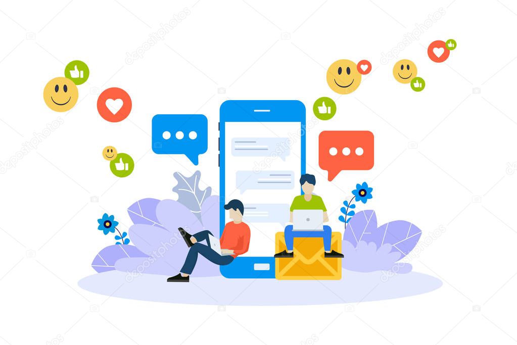 Vector illustration concept of mobile apps and services. Creative flat design for web banner, marketing material, business presentation, online advertising. Social networking concept. Chatting.