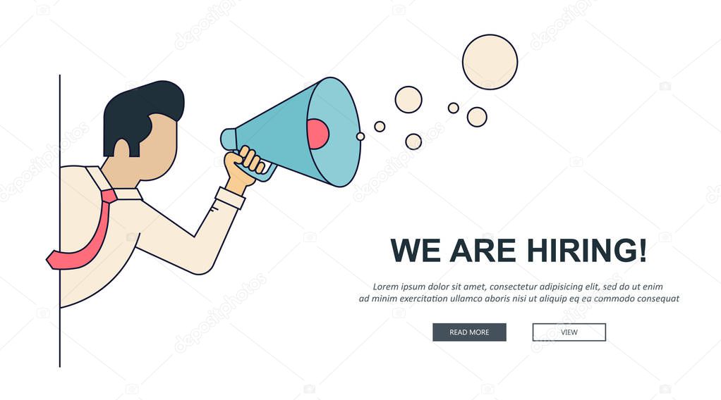 We are hiring banner. Find the right person for the job concept. Hiring and recruiting new employees. Flat vector design