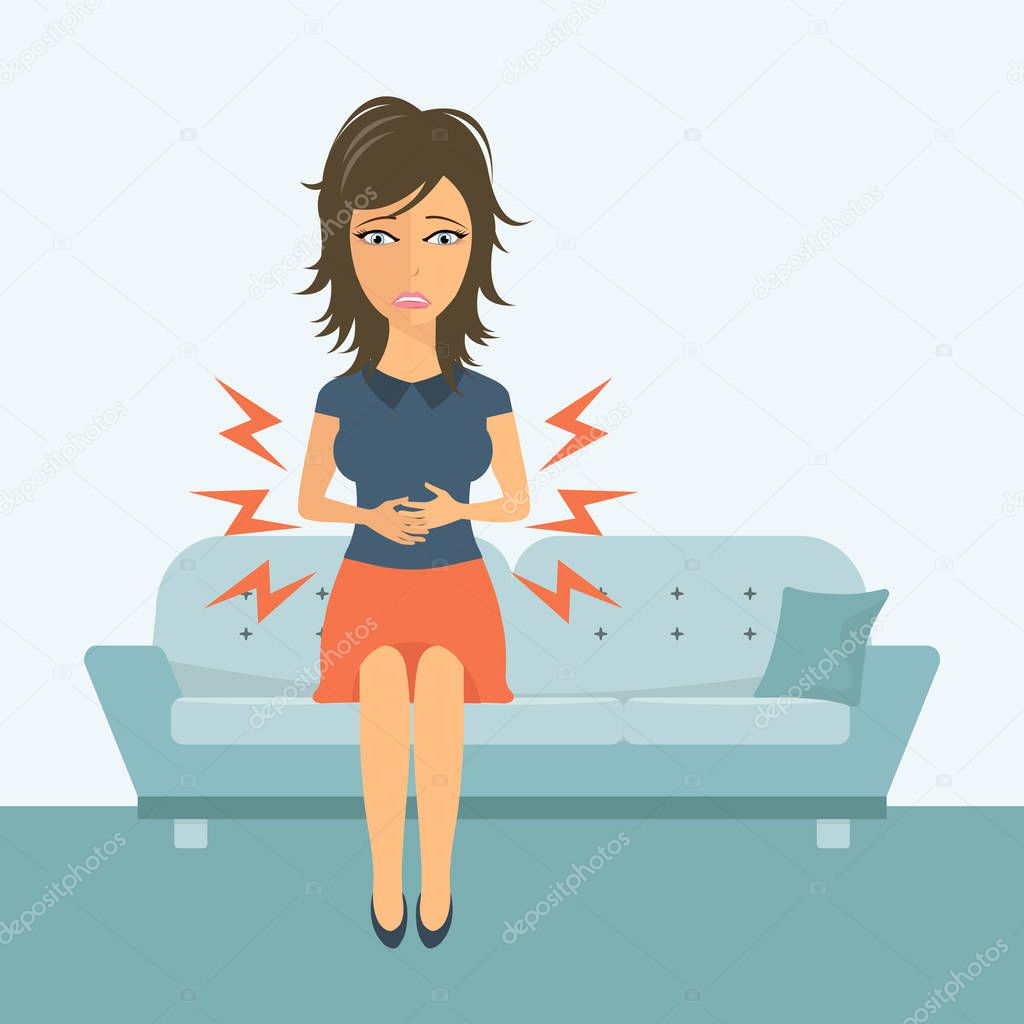 Woman holding her stomach. Woman in pain. Woman feeling sick. Flat vector illustration