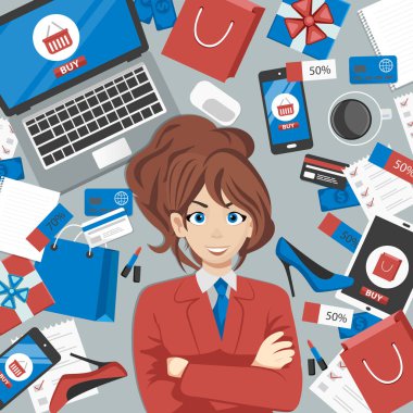 Alışveriş kızı. Online alışveriş konsepti. Çevrimiçi mağaza nesneleri ve afiş. Dizüstü bilgisayar, alışveriş çantaları, kredi kartları, hediyeler ve kuponlar ile tablo. Düz stil, vektör çizimi.