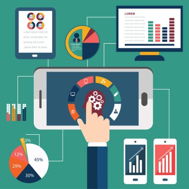 Düz tasarım modern vektör illüstrasyon simgeleri web sitesi Seo optimizasyonu, programlama süreci ve web analitik elemanları kümesi. Şık renkli arka planda izole edilmiştir. Web analizi ve analitik.