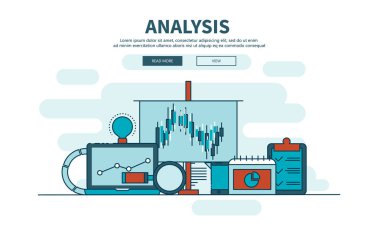 İş analizinin iniş sayfası şablonu. Web sitesi ve mobil web sitesi için modern düz tasarım konsepti. Düz vektör illüstrasyonu