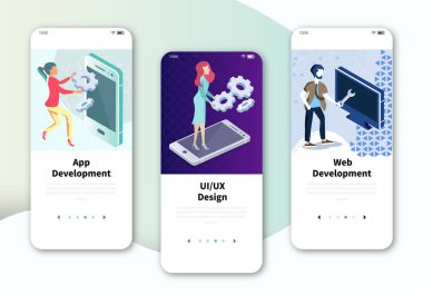  Modern Ux, mobil veya duyarlı web sitesi için Ui ekran. Web ve uygulama geliştirme, tasarım, mobil uygulama şablonları kavramı için onboarding ekranlar kullanıcı arayüz kiti seti. Düz vektör çizimi
