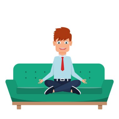 Kanepede meditasyon yapan bir iş adamı. Düz vektör illüstrasyonu