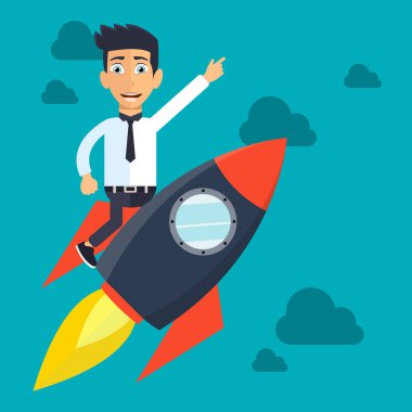 İş başladı. İşadamı roket metaforu sürüyor. Düz vektör çizimi 