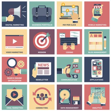 simgeler dijital pazarlama, video reklam, sosyal medya kampanyası, bülten terfi, Web sitesi seo optimizasyon hizmet tıklayın ödeme. düz tasarım modern vektör illüstrasyon kavramı.
