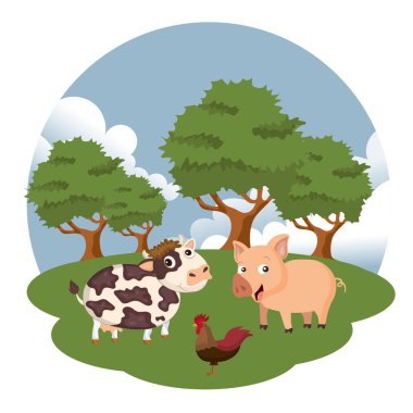 Çiftlik sahnesindeki hayvanlar. Doğa ve ülke kavramı. Düz vektör çizimi