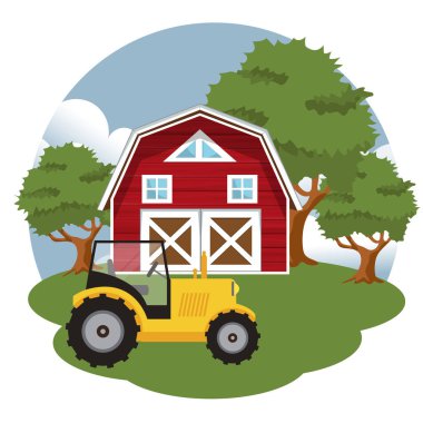 Traktör çiftlik sahnesinde. Düz vektör çizimi