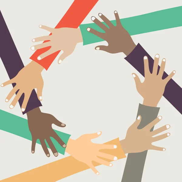 チームワークの概念 団結とチームワーク トップビューを示す手のスタックを持つ友人 若い人たちが手を合わせている 平面ベクトル図 — ストックベクタ